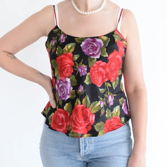 Vintage 90'S Victoria's Secret Black  & Red Floral 100% Silk Cami Tank Top S - Picture 2 of 12